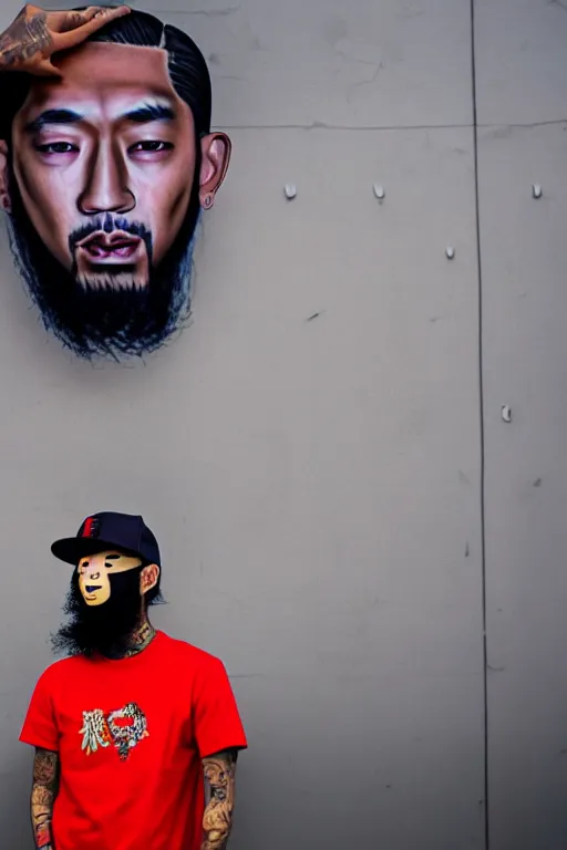 Image similar to asian guy with oni mask stand in front of wall with nipsey hussle mural, photorealistic, smooth, 4 k, aesthetic lighting, baroque object, sharp focus, hyperdetailed, professional photography, pullitzer winning, photo by : canon eos 5 d mark iv, by karah mew and adnan abidi and jodie bateman