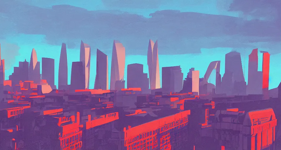 Image similar to color sketch of the london skyline, highly detailed, dramatic lighting, intense shadows, rich deep colours, by james gilleard