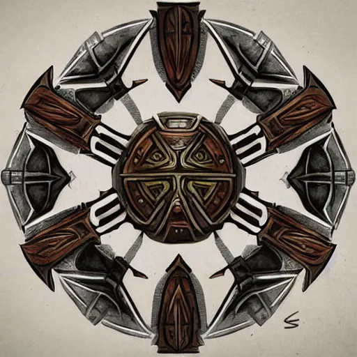 Image similar to concept art of tribal wooden shield weapon, symmetry, shield design, fantasy shield, fantasy, behance, pinterest, deviantart, artstation, weapons concept art, design, rpg, weapon, detailed, digital art, incredible, digital painting