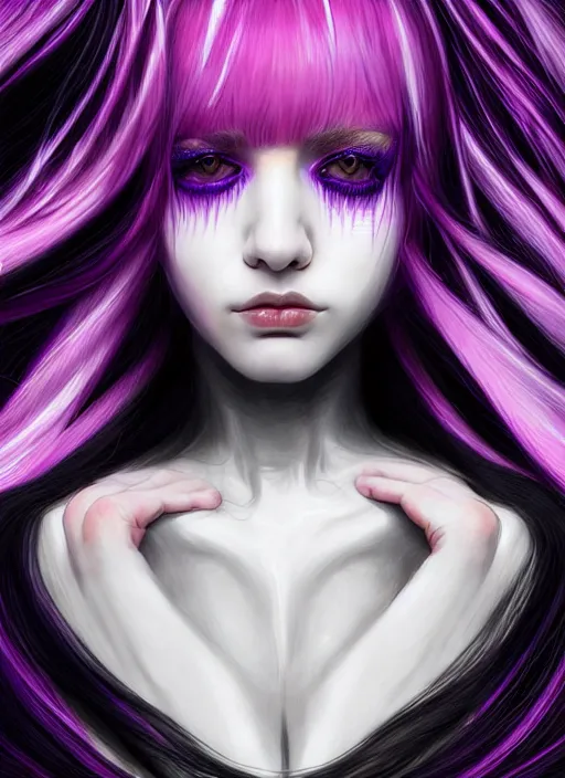 Image similar to hair whitebangs hair, black cyberlox, portrait of teenage girl with white bangs, whitebangsblackhair, messy bangs, cyberlox, whitebangs, red irises, purple clothes, intricate, elegant, glowing lights, highly detailed, digital painting, artstation, concept art, sharp focus, illustration, art by wlop, mars ravelo and greg rutkowski