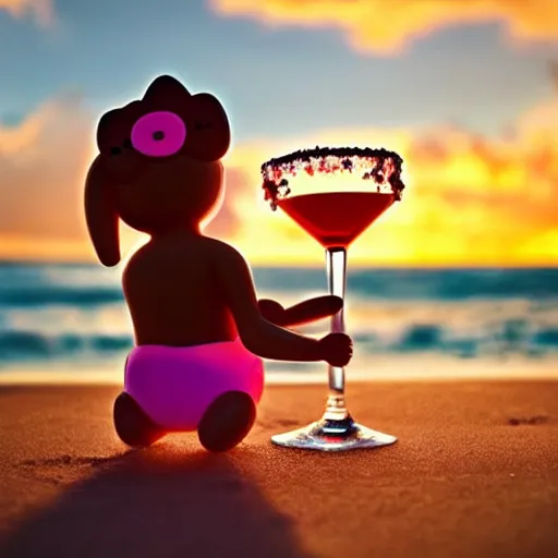 Image similar to hello kitty drinking a margarita on the beach, film still, sunset, dramatic lighting