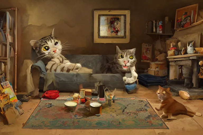 Prompt: short fat anthropomorphic cats wearing trousers and shirts. they live underground in a cave, kitchen table, stove, fridge, sink, armchairs, cosy fireplace, stack of books on side table, colourful rug on floor by fireplace, pictures of family on wall, soft, cosy, craig mullins, james gurney, detailed watercolour, texture, highly detailed, movie scene, illustrative, hd, 4k