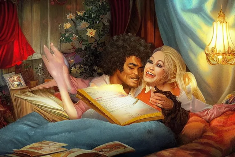 Image similar to portrait of dolly parton reading a bedtime story to michael jackson in bed, an oil painting by ross tran and thomas kincade