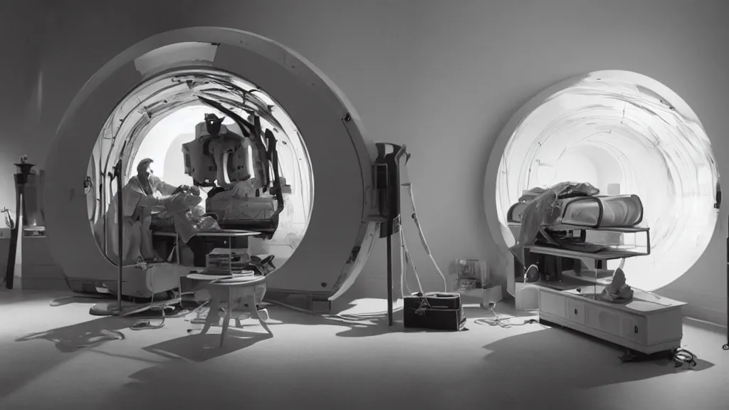 Image similar to an mri section of james cavell in the living room, film still from the movie directed by denis villeneuve with art direction by salvador dali, wide lens