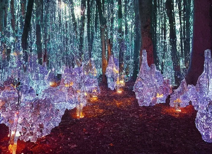 Image similar to a magical forest with occasional crystal flowers that glow in the dusk,