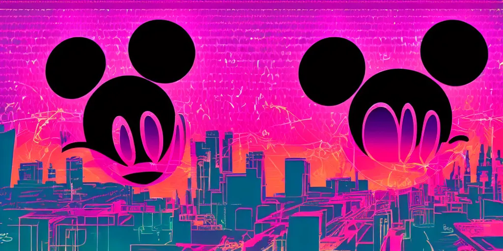 Prompt: vaporwave, vector graphics, somber mickey mouse silhouette, synthwave, neon