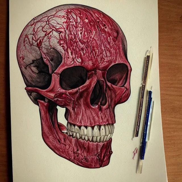 Prompt: meaty skull, dripping in blood, vintage anatomical illustration, colored pencils and pen