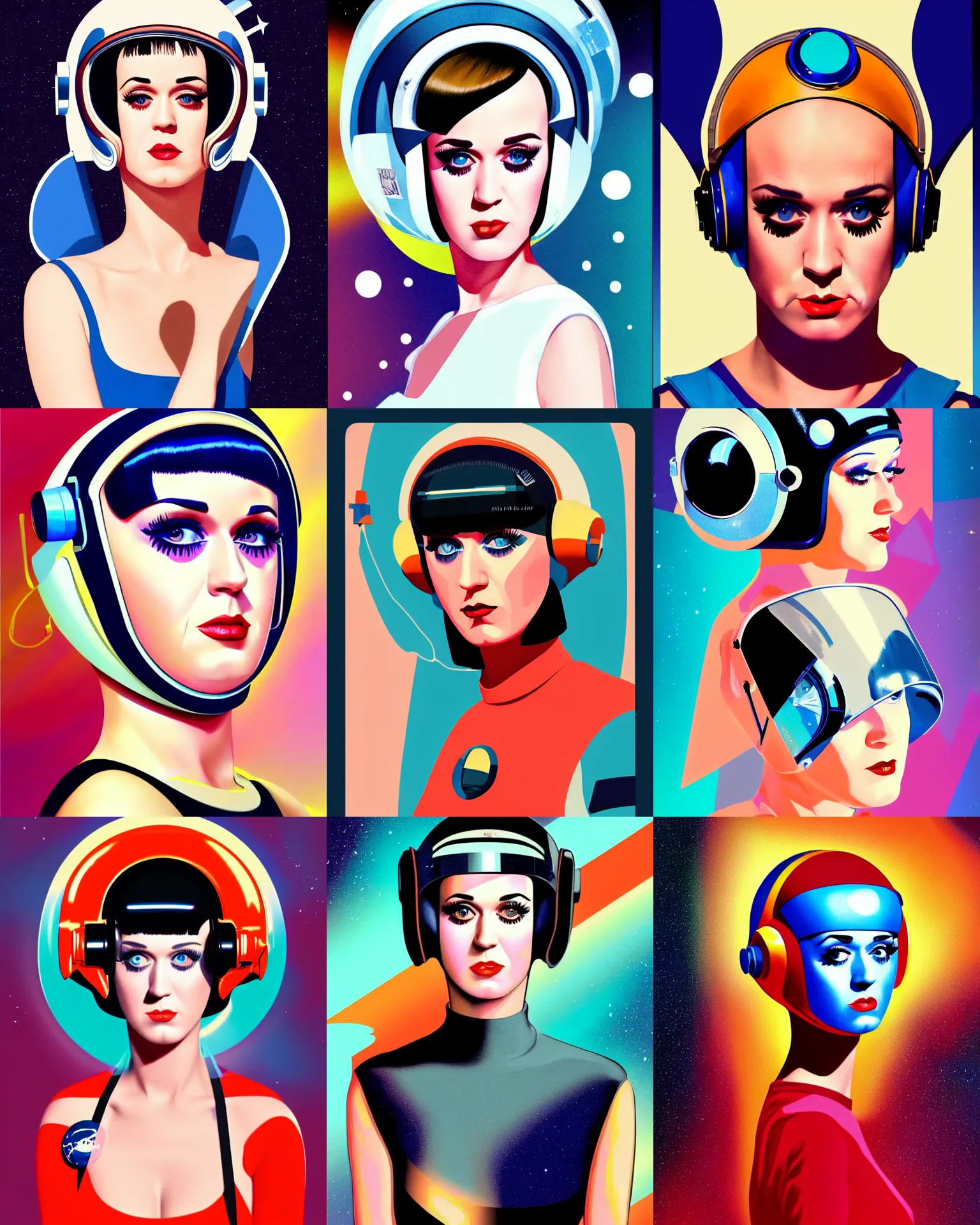 Prompt: katy perry fused with mary louise brooks 2 6 years old astronaut, retro space helmet, forbidden planet 1 9 5 6, retro futurism 1 9 5 0 s, half portrait by stanley artgerm, dramatic lighting, ilya kuvshinov, trending on artstation, flat colour, geometric curves, gradient filter, pleasing tone colours, space walk