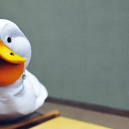 Image similar to a duck wearing a labcoat, lab in the background