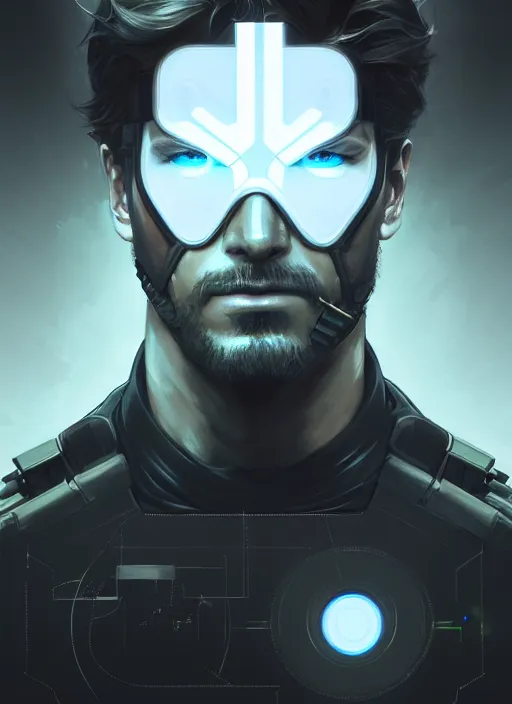 Image similar to symmetry!! portrait of solid snake, metal gear solid, tech wear, glowing lights!! intricate, elegant, highly detailed, digital painting, artstation, concept art, smooth, sharp focus, illustration, art by artgerm and greg rutkowski and alphonse mucha