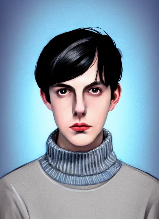 Image similar to portrait of teenage jughead jones wearing a light grey crown, crown, blue turtleneck, 1 9 5 0 s, closed eyes, photorealistic, black hair, glowing lighting, intricate, elegant, glowing lights, highly detailed, digital painting, artstation, concept art, smooth, sharp focus, illustration, art by wlop, mars ravelo and greg rutkowski