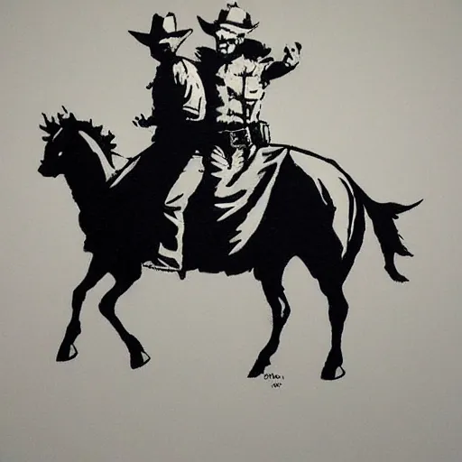 Prompt: heavily armed cowboy, drawn by banksy