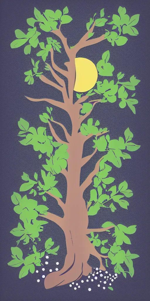 Prompt: shirt design, vector style, the sun and a tree with prunes flowers, fresh modern look, made with photoshop