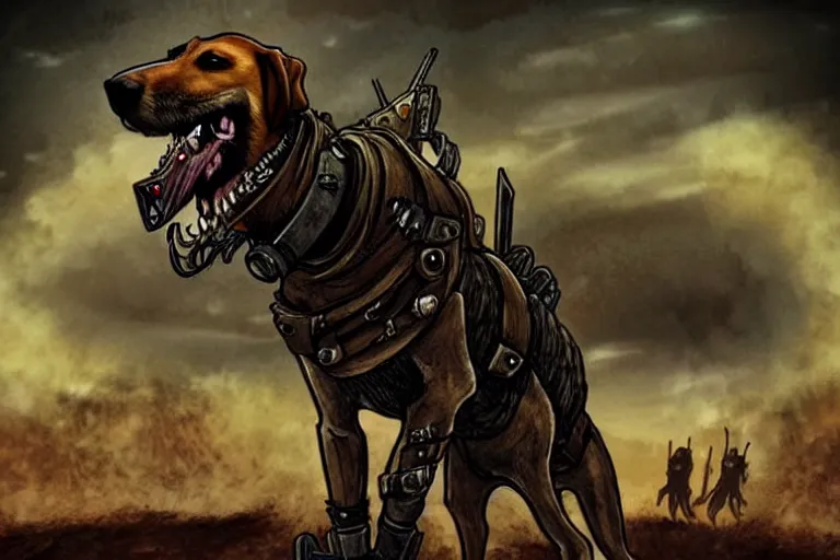 Image similar to a hound dog fursona ( from the furry fandom ), heavily armed and armored facing down armageddon in a dark and gritty version from the makers of mad max : fury road. witness me.