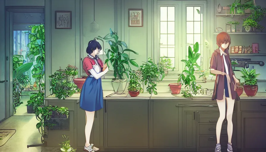 Image similar to a woman standing in a kitchen next to a plant that contains a small and thriving city, a storybook illustration by kiyohara tama, pixiv contest winner, magic realism, pixiv, official art, anime aesthetic