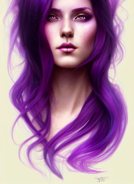 Prompt: Purple hair relistic Portrait of woman with bright colored hair, all shades of purple. Beauty face, Hair coloring, fantasy, intricate, elegant, highly detailed, digital painting, artstation, concept art, smooth, sharp focus, illustration, art by artgerm and greg rutkowski and alphonse mucha