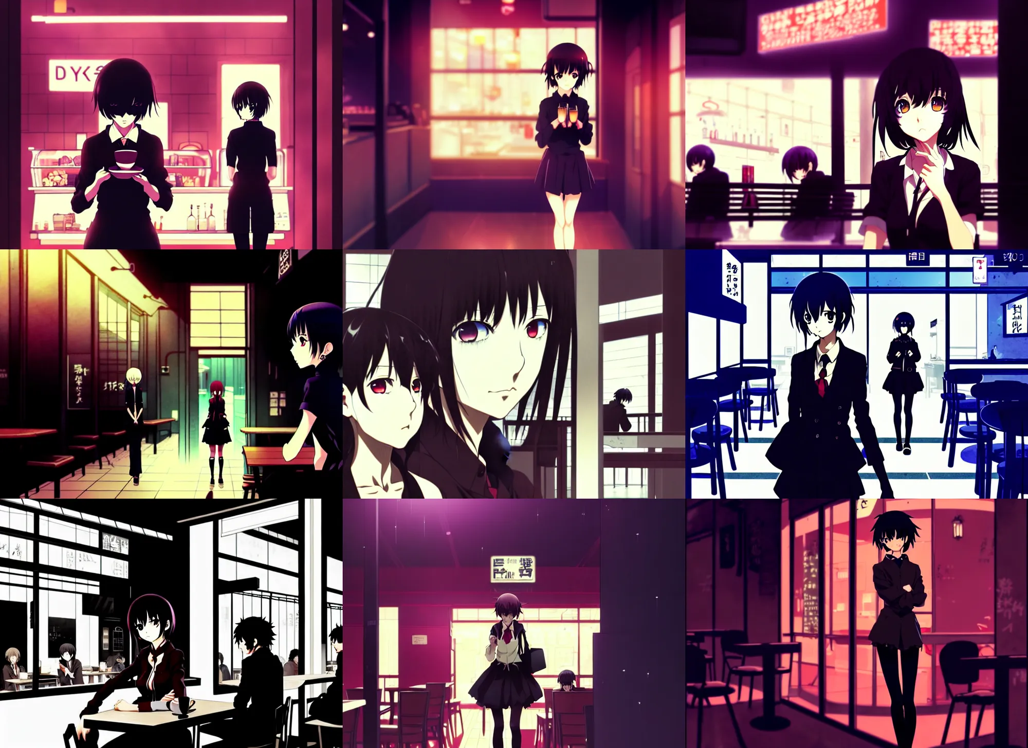 Prompt: anime frames, anime visual, dark portrait of a young female visiting a busy cafe interior at night, cute face by ilya kuvshinov and, psycho pass, kyoani, dramatic lighting, dynamic pose, dynamic perspective, strong silhouette, anime cels, rounded eyes, moody, yoshinari yoh
