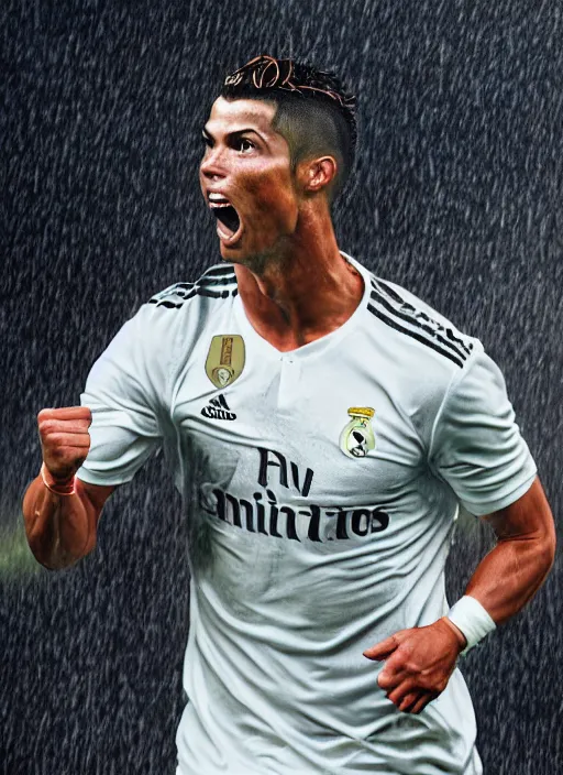 Image similar to epic face portrait cristiano ronaldo after scoring a goal, hard rain, michael whelan