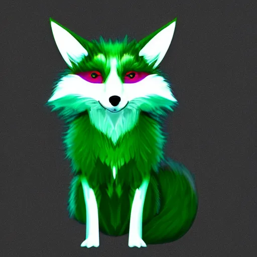 Prompt: digital abundantly green fox, retrowave palette, digital world, highly detailed, electric breeze, anatomically correct green and white vulpine, synth feel, fluffy face, ear floof, flowing fur, super realism, accurate animal imagery, 4 k digital art