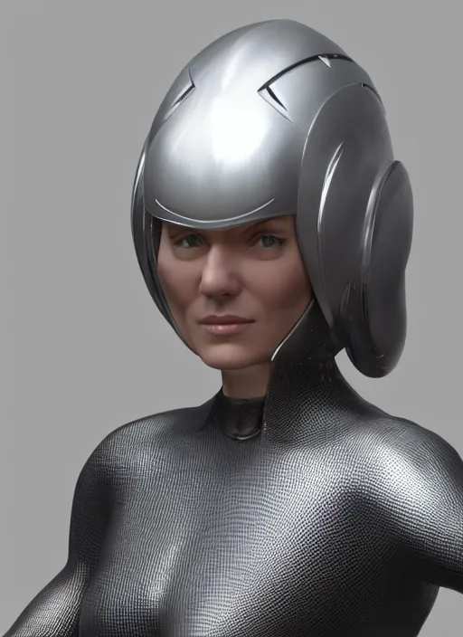 Image similar to a woman in a futuristic helmet with arms crossed, a 3 d render by senior character artist, featured on zbrush central, neo dada, zbrush, polycount, rendered in maya