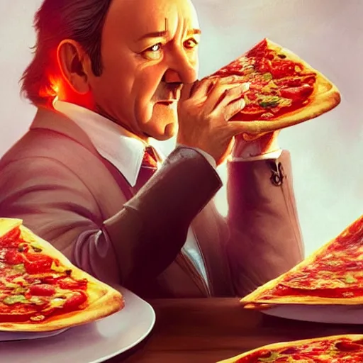 Image similar to Kevin Spacey eating pizza, dripping tomato Sauce, serving happy meals, D&D, spilling ketchup, fantasy, intricate, elegant, highly detailed, digital painting, artstation, concept art, matte, sharp focus, illustration, hearthstone, art by Artgerm and Greg Rutkowski and Alphonse Mucha