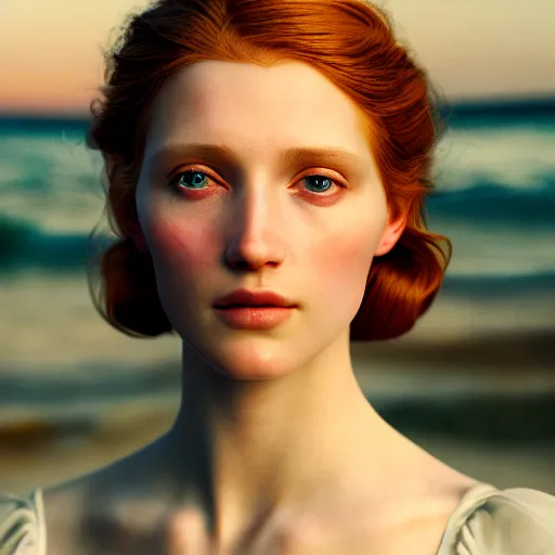 Image similar to photographic portrait of a stunningly beautiful english renaissance female in soft dreamy light at sunset, beside the sea, soft focus, contemporary fashion shoot, in a denis villeneuve movie, by edward robert hughes, annie leibovitz and steve mccurry, david lazar, jimmy nelsson, extremely detailed, breathtaking, hyperrealistic, perfect face, octane render