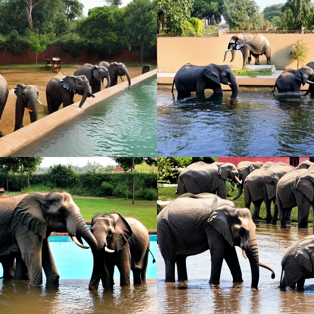 Prompt: Elephants drinking fromaswimming pool outside asuburban house