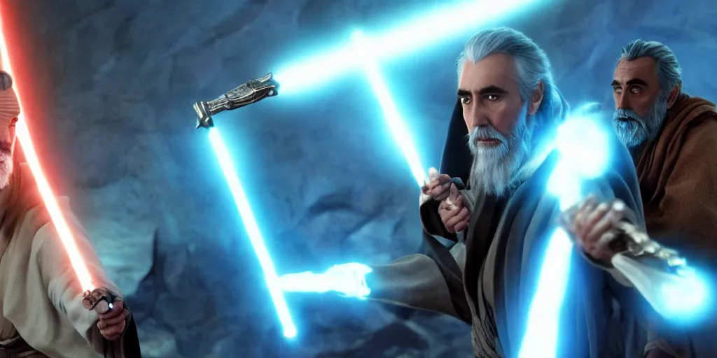 Image similar to Count Dooku with black beard and blue ligthsaber fights Yaddle from the phantom menace ultra realistic, 4K, movie still, UHD, sharp, detailed, cinematic, render, modern