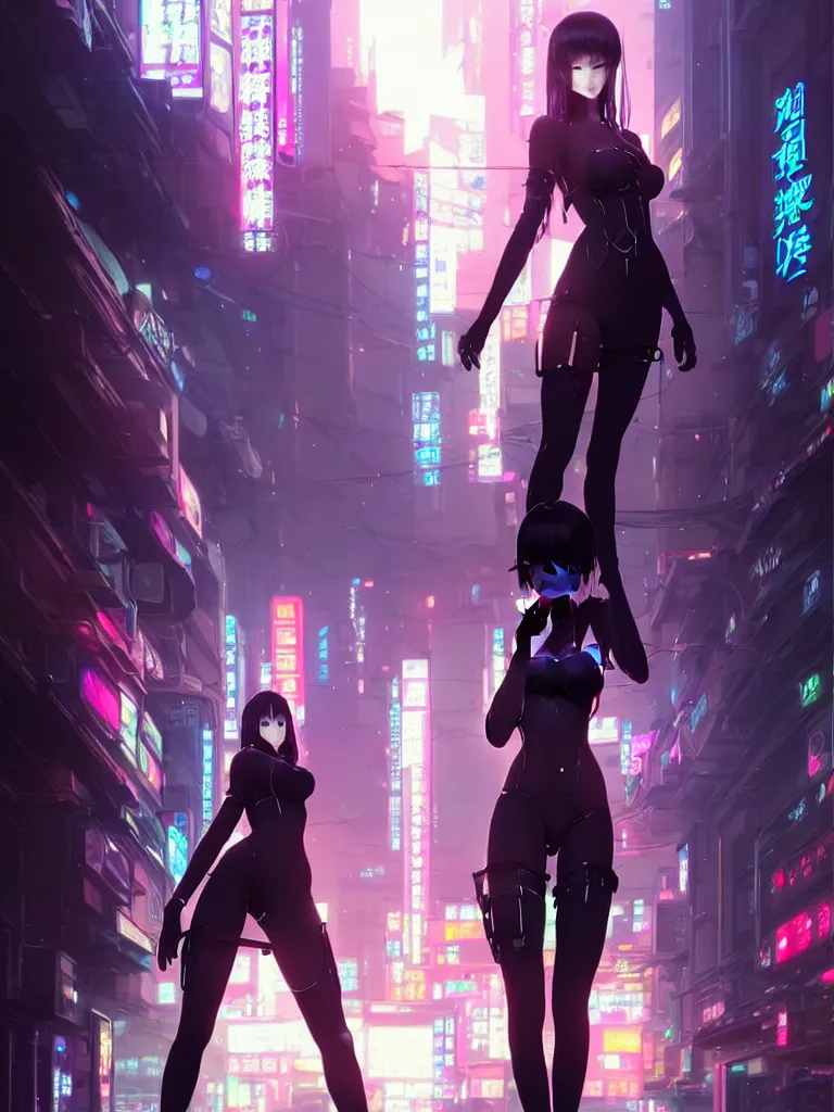 Prompt: Beautiful full body portrait of beautiful cyberpunk anime woman by Greg Rutkowski and Krenz Cushart and Pan_Ren_Wei and Hongkun_st and Bo Chen and Enze Fu and WLOP and Alex Chow, Madhouse Inc., anime style, crepuscular rays, set in rainy futuristic cyberpunk Tokyo street, dapped light, dark fantasy, feminine figure, smooth skin, gorgeous, pretty face, beautiful fashion model body, high detail, hyper realistic, cgsociety, trending on artstation