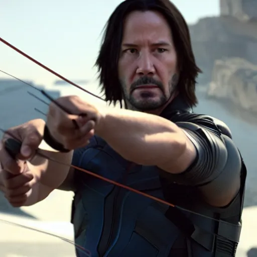 Prompt: film still of Keanu Reeves as Hawkeye drawing an arrow in his bow in Avengers Endgame