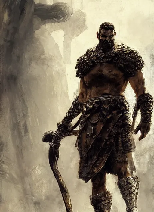 Image similar to ancient historically accurate depiction of the Bible Character Goliath of Gath, the Philistine warrior giant in ancient persian chainmail armor, dramatic lighting art by Yoji Shinkawa by Richard Schmid by greg rutkowski by Sandra Chevrier by Jeremy Lipking cinematic dramatic