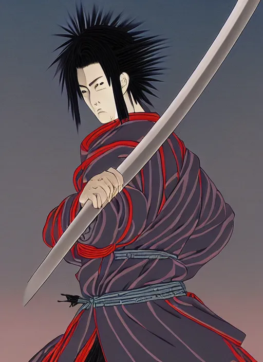 Image similar to scene from anime ninja scroll, tall samurai with long katana sword, back to the camera, masterpiece, intricate, highly detailed, artstation, concept art, mutud colors, soft lights, foggy, by yoshiaki kawajiri, by yousuke kabashima, by toshiyuki inoue, by atsushi takeuchi