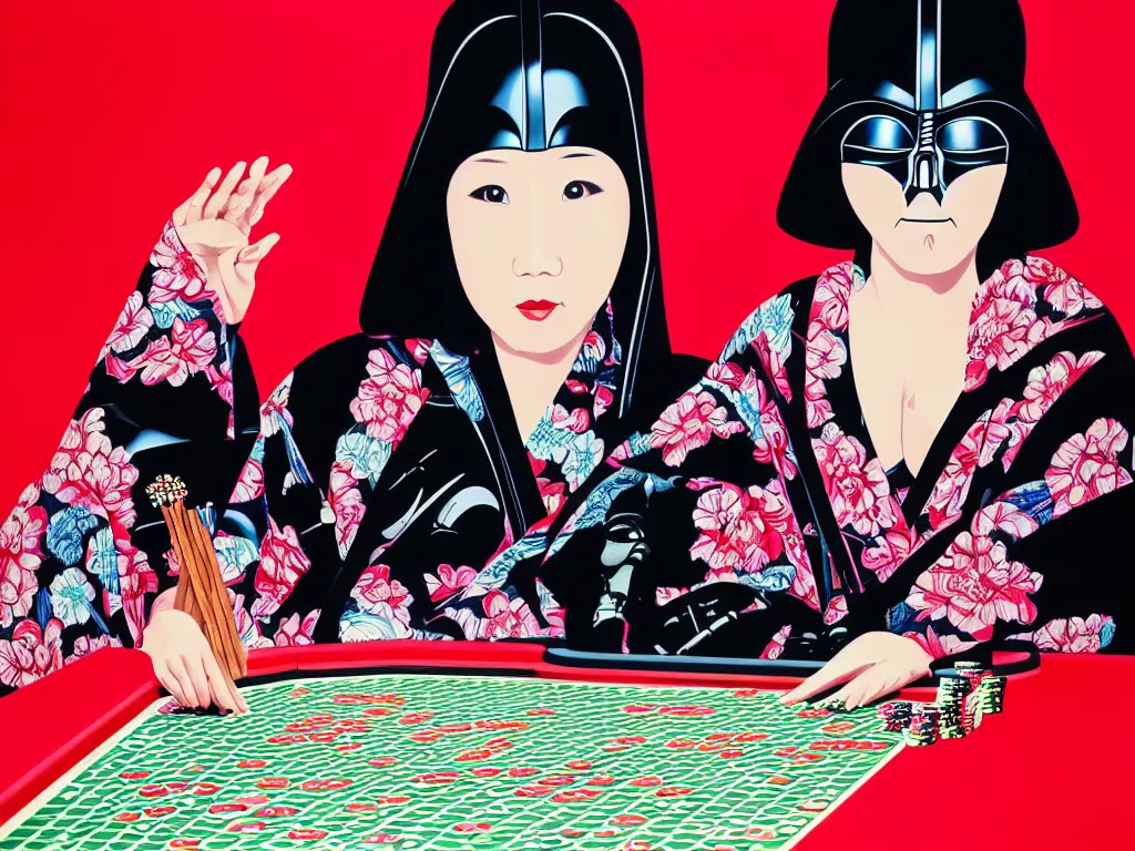 Image similar to hyperrealism composition of the detailed woman in a japanese kimono sitting at an extremely detailed poker table with darth vader, fireworks on the background, pop - art style, jacky tsai style, andy warhol style, acrylic on canvas