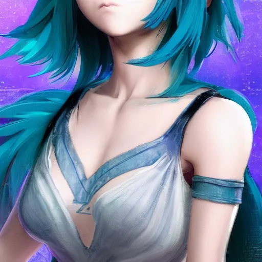 Image similar to a blue haired green eyes girl in a dynamic pose. character design. gesture drawing. line of action. official art, unreal engine 5, unreal engine. tetsuya nomura. medium shot. ray tracing hdr. 8 k. uhd. sharp focus. highly detailed. masterpiece. anime render. cinematic lighting. lifelike. symmetrical face. beautiful face