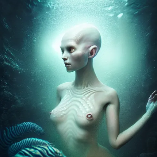 Image similar to ultra realistic horror photo of a dimly lit translucent female alien creature underwater, very intricate details, focus, full frame image, curvy, model pose, artwork by anna dittmann and greg rutkowski, award winning