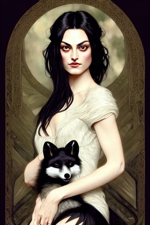 Prompt: Phoebe Tonkin dressed in Victorian fashion with black hair, holding a white fox in her arms, D&D, fantasy, intricate, elegant, highly detailed, digital painting, artstation, concept art, matte, sharp focus, illustration, art by Artgerm and Greg Rutkowski and Alphonse Mucha