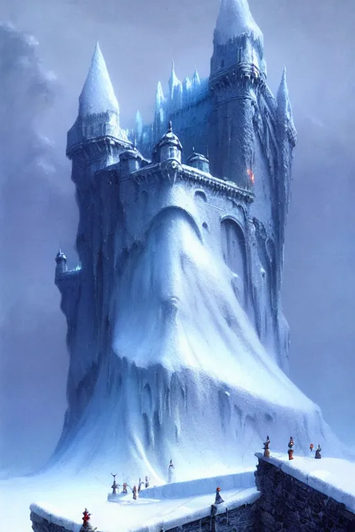 Prompt: castle of ice by bruce pennington and gustave courbet, 4 k, hd, amazing details, sharp focus, post - processing, smooth, sharp focus, artstation hd, by greg rutkowski