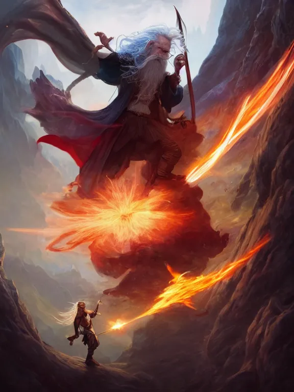 Image similar to photo of 8k ultra realistic Gandalf fighting the balrog, full of colour, cinematic lighting, battered, trending on artstation, 4k, hyperrealistic, focused, extreme details,unreal engine 5, cinematic, masterpiece, art by Peter Mohrbacher