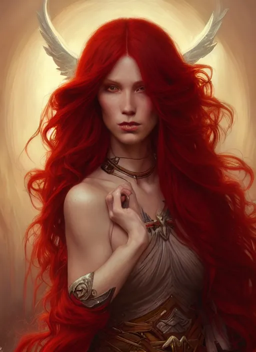 Image similar to a beautiful red haired woman as the angel of death, deep focus, d & d, fantasy, intricate, elegant, highly detailed, digital painting, artstation, concept art, matte, sharp focus, illustration, hearthstone, art by artgerm and greg rutkowski and alphonse mucha