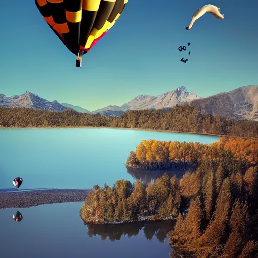 Image similar to photo of two black swans swimming in a beautiful reflective mountain lake, touching heads, forming a heart with their necks, a colorful hot air balloon is flying above the swans, hot air balloon, intricate, 8k highly professionally detailed, HDR, CGsociety