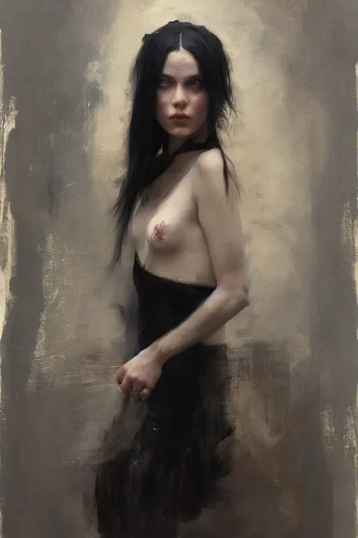 Prompt: Richard Schmid and Jeremy Lipking and Roberto Ferri full length portrait painting of a young beautiful evil fantasy priestess covered head in black except for face