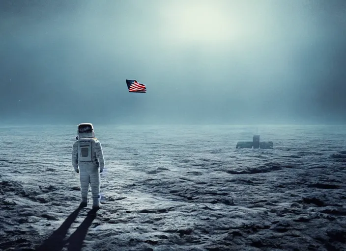 Image similar to astronaut holding a flag in an underwater desert. a submarine is visible in the distance. dark, concept art, cinematic, dramatic, atmospheric, 8 k, trending on artstation, blue, fish, low visibility, fog, ocean floor, christopher nolan, interstellar