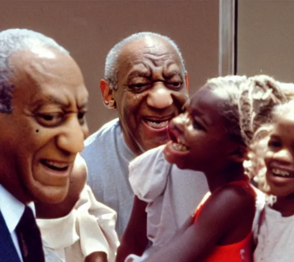 Prompt: color film still of actor Bill Cosby with an evil grin and licking lips while surrounded by a group of young beautiful women laughing at the mall in the year 2020