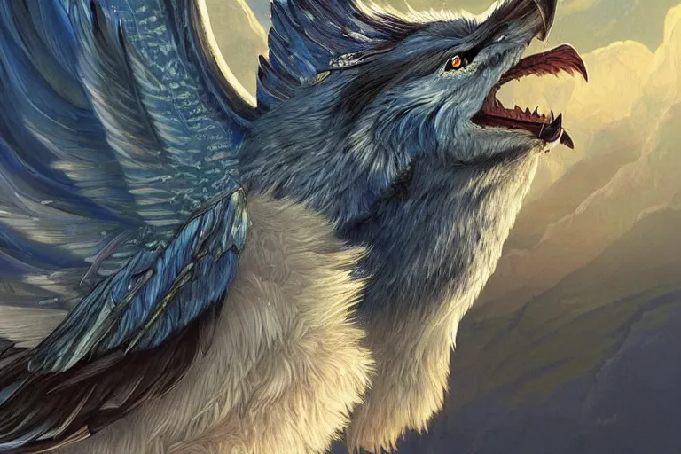 Image similar to Blue feathered wolf with wings on a beautiful fantasy landscape, hills, mountains, moonlit, HD, illustration, epic, D&D, fantasy, intricate, elegant, highly detailed, digital painting, artstation, concept art, smooth, sharp focus, illustration, wallpaper, art by artgerm and greg rutkowski and alphonse mucha and jin xiaodi