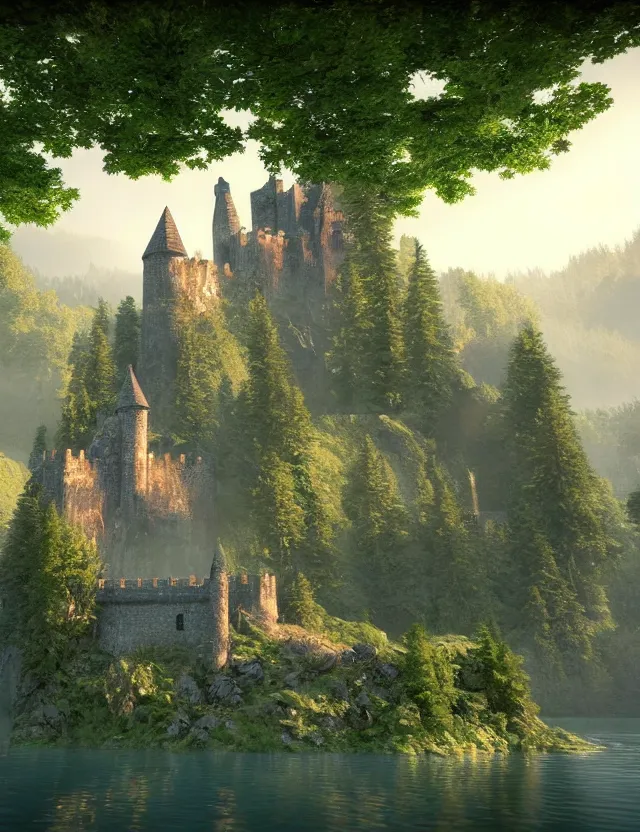 Image similar to unreal engine, tony s art, castle, forest, lake, energy