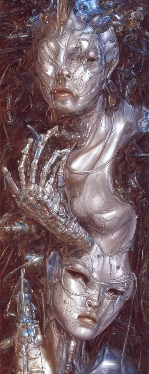 Image similar to a robotic goddess with transparent skin, highly detailed, digital painting, smooth, sharp, beautiful face, expressive eyes, highly intricate, art by Boris Vallejo and H.R. Giger