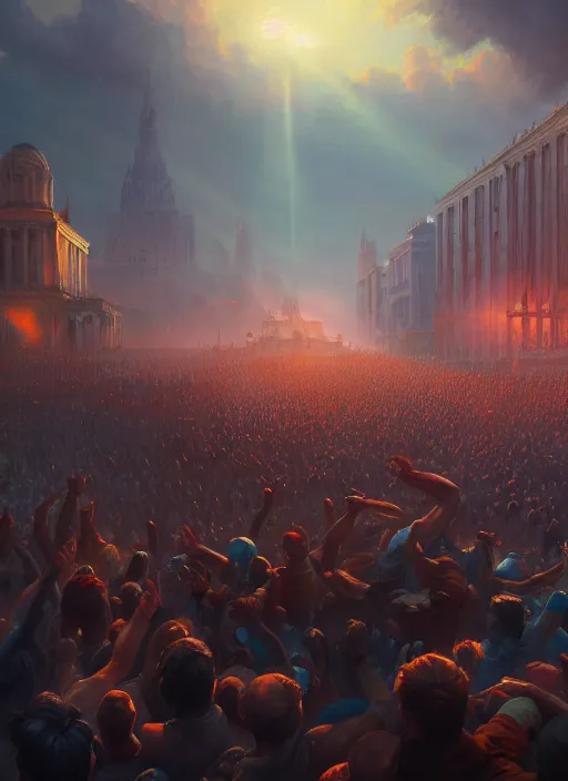 Image similar to painting of a crowd with raised arms pointing towardб demonstration, cinematic view, epic sky, detailed, concept art, low angle, high detail, warm lighting, volumetric, godrays, vivid, beautiful, trending on artstation, by jordan grimmer, huge scene, art greg rutkowski