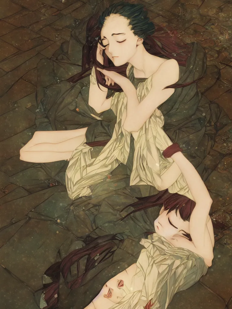 Prompt: glitched anime photo of a woman sleeping in a public bathroom by J. C. Leyendecker and Edmund Blair Leighton and Charlie Bowater, Beksinski painting