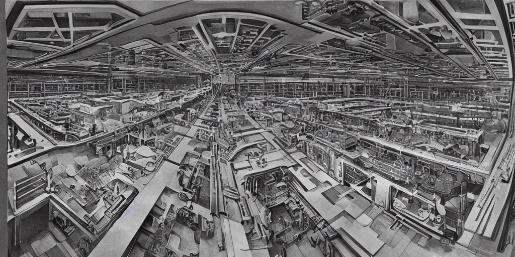 Prompt: inside of a complex space ship machinery room, by Escher