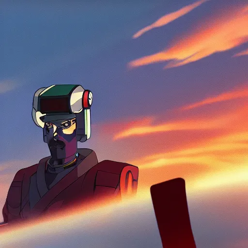 Image similar to anime Friedrich Nietzsche piloting a robot at sunset, moody, 8k